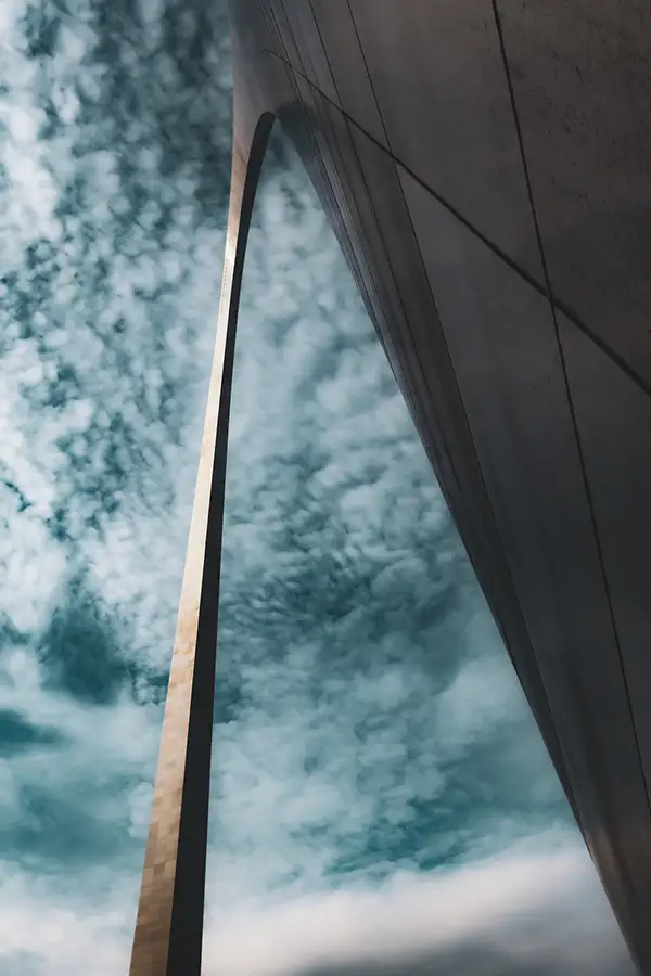 Looking up the steel leg of the Gateway Arch into the clouds