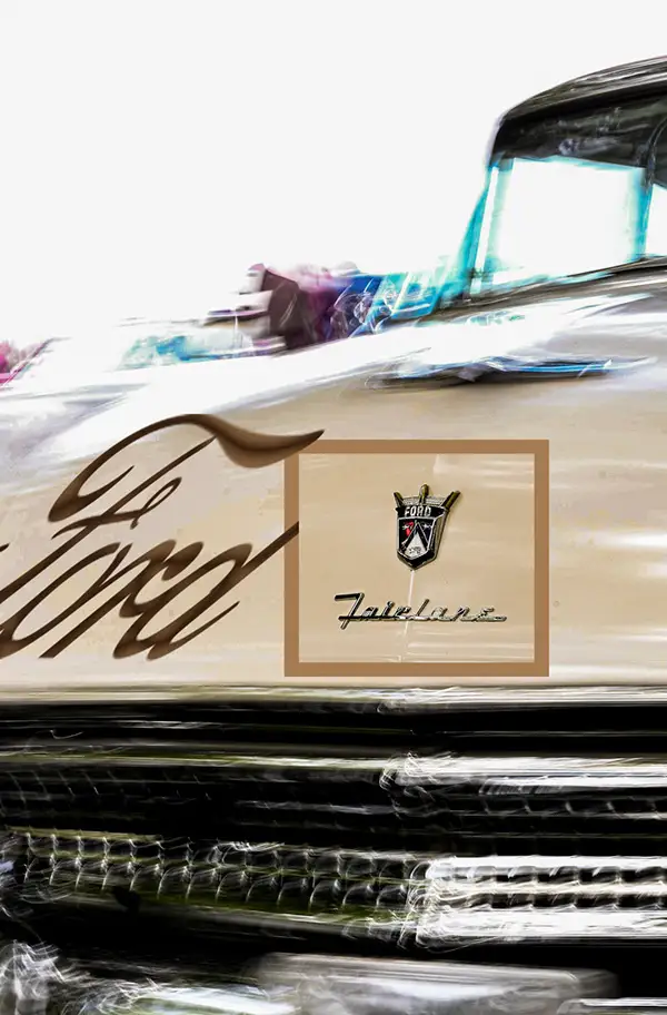 Vintage Ford Fairlane emblem and grille, high-key edit
